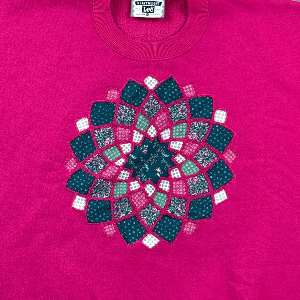 Vintage 90s Lee Heavyweight XL Pink Quilt Patchwork Applique Sweatshirt USA